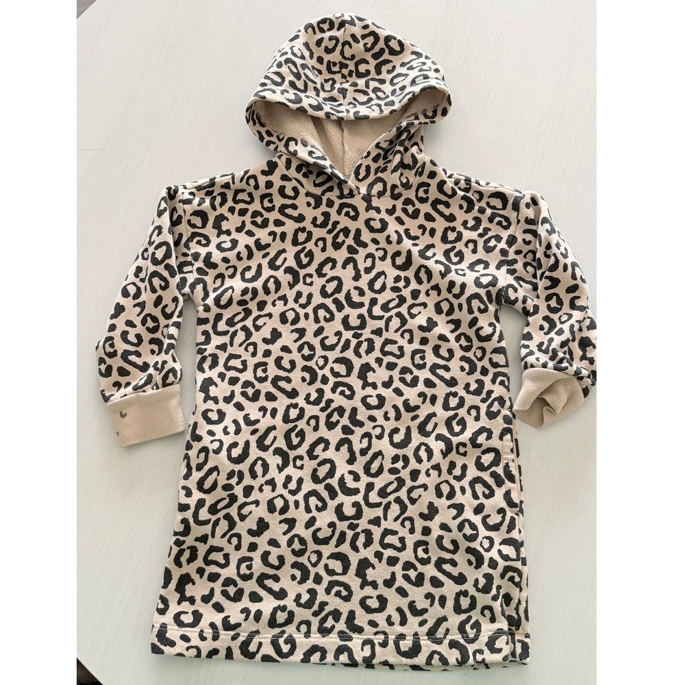 Girls Leopard Print Hoodie Dress XS 5/6 Old Navy Fleece Sweatshirt Pockets Tan